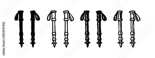 Collection of black and white trekking poles and walking sticks for outdoor activities. Vector design elements.