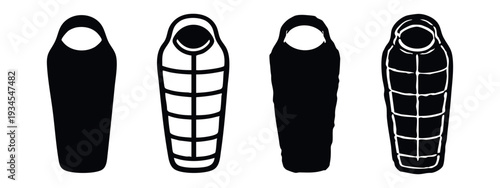 Collection of black and white sleeping bags. Various styles of outdoor and travel bedding equipment.