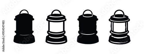 Collection of black and white camping lanterns. Traditional and modern portable light sources for adventurers.