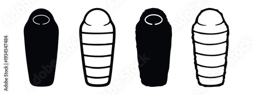 Set of monochrome sleeping bag icons. Outdoor camping and adventure gear for comfortable sleep.