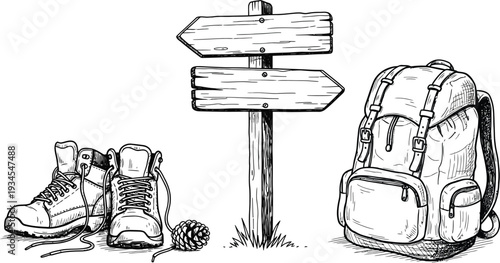 Hiking travel set wooden signpost hiking boots and backpack outdoor adventure gear collection for journey illustration