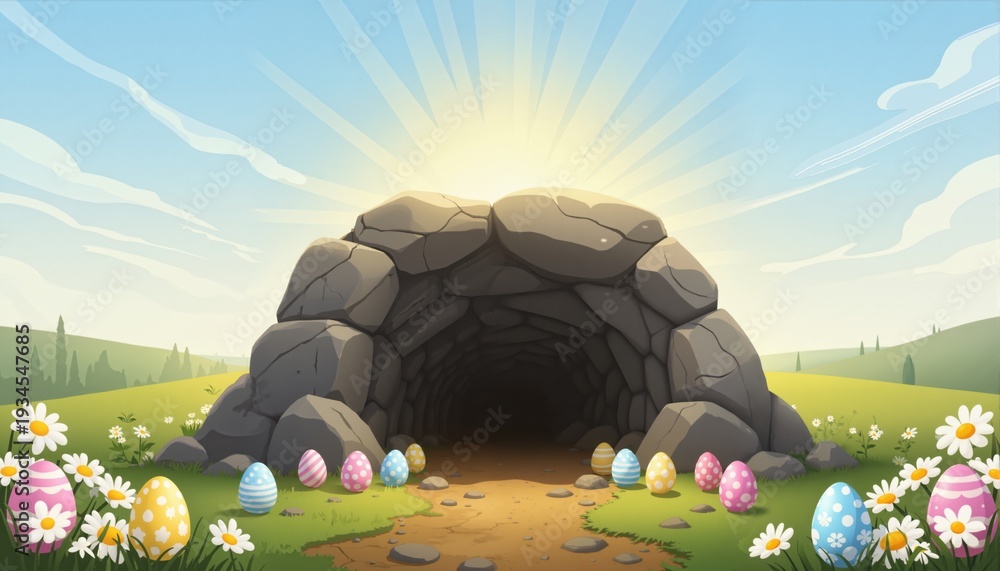 Naklejka premium Easter vector illustration. Empty tomb after the resurrection of Jesus Christ. 
