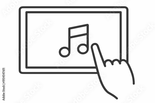 Tablet screen with music note symbol and hand tapping button, clean outline vector. Concept of audio streaming, playlist control, and mobile media player interface.