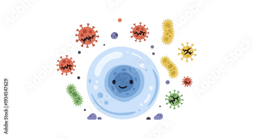 Immune Cell Defending Against Viruses and Bacteria Vector. Health, Protection & Strong Immunity Concept.