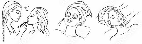 Black and white line art vector set of salon scenes: makeup artist applying lipstick, woman with cucumber eye slices, and facial massage. Concept of skincare, wellness, and spa.