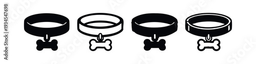 Dog Collar with Bone Tag Icon Set | Pet Accessory Black Silhouette Vector Illustration