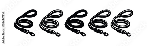 Dog leash vector icon set. Coiled pet lead with clip and handle in various black and white styles.