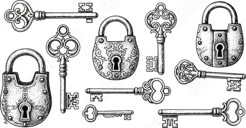 Vintage locks and skeleton keys collection ornate antique padlock and key set historical security hardware detailed drawing
