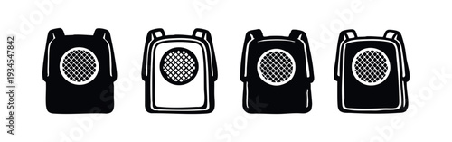 Pet carrier backpack vector icons set. Front view of animal travel bags with mesh ventilation for comfort.
