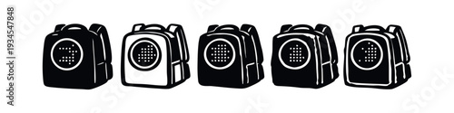 Angled pet carrier backpack vector icons with dotted mesh. Travel bags for pets with side and top views.