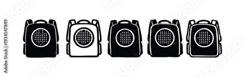 Pet carrier backpack vector icons with dotted ventilation. Front view travel bags for animal transportation.
