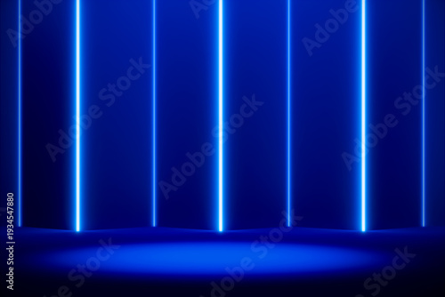 Blue neon vertical light beams on dark studio background with empty floor