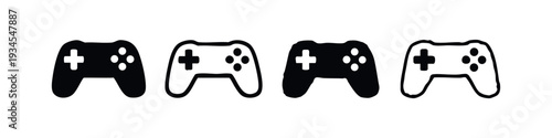 Game controller icons set. Video game gamepad symbol in flat, outline, and hand-drawn styles.