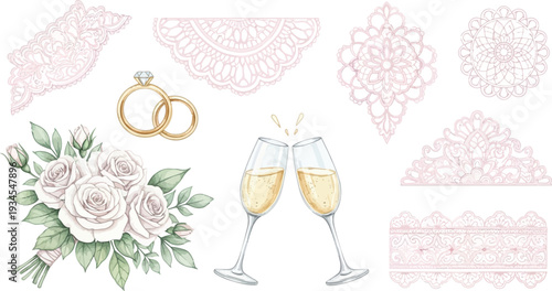 Wedding celebration elements with roses bouquet rings champagne glasses and lace doilies on transparent background vector
