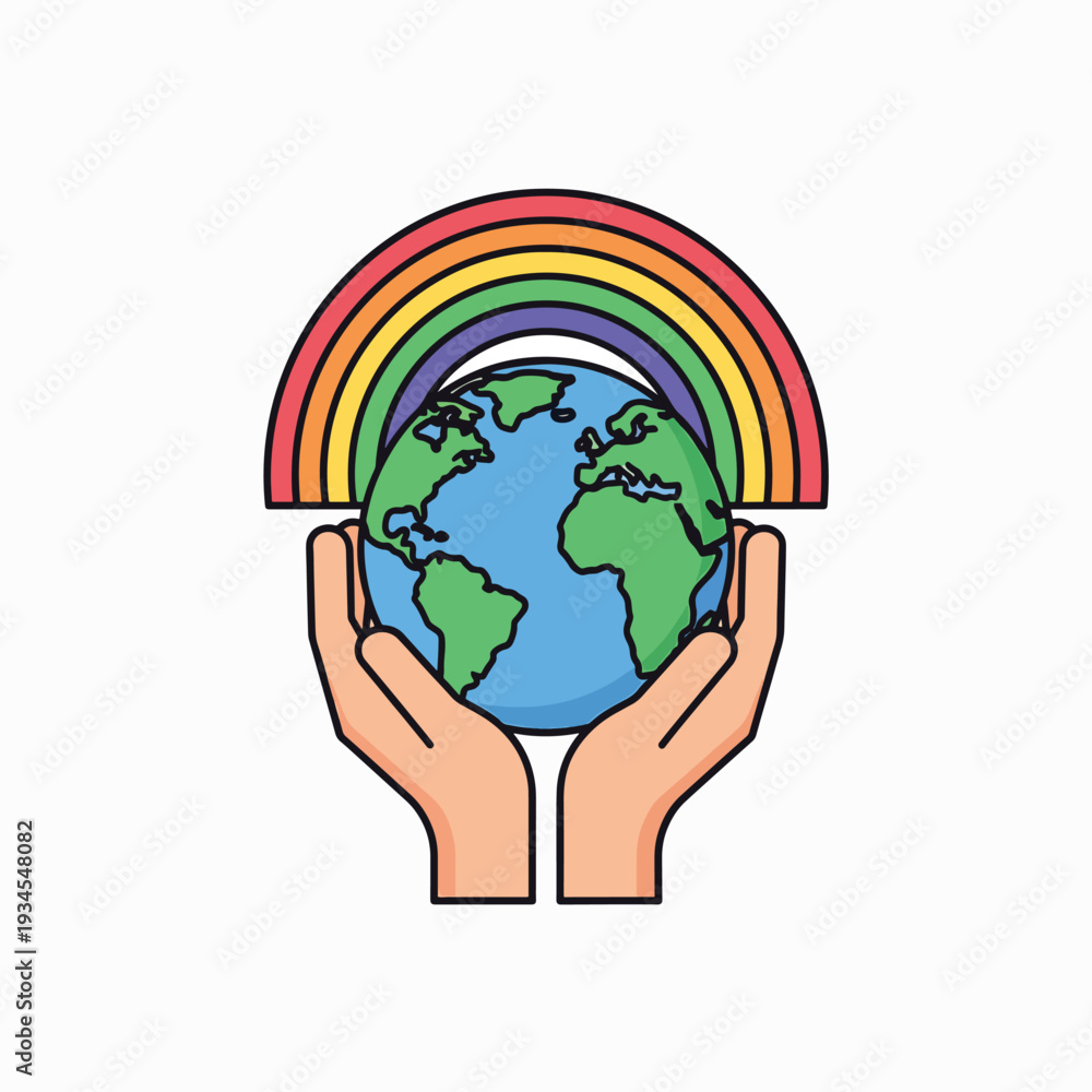 Fototapeta premium Hands Holding Earth with Rainbow.