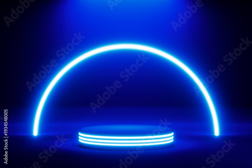 Blue neon podium with glowing light rings on dark studio background