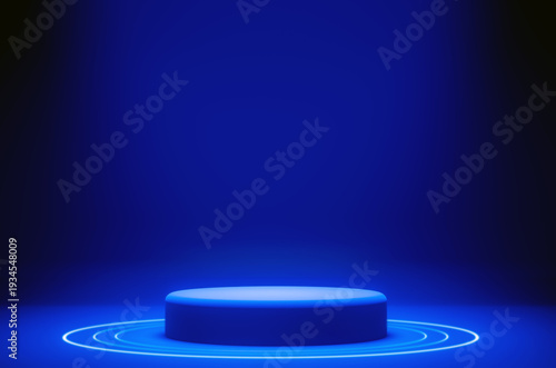Blue neon podium with glowing light rings on dark studio background