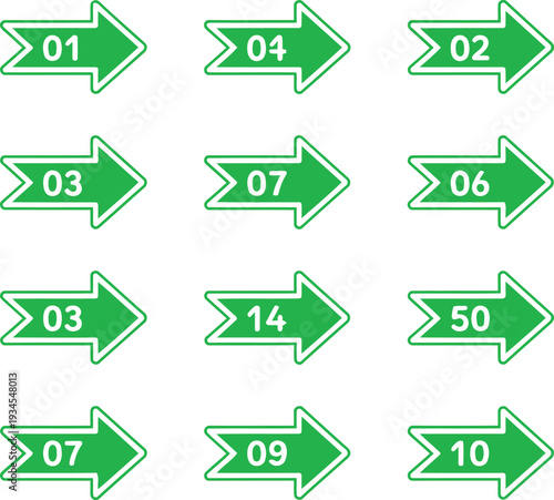 Grid of green arrows with sequential number labels in white Vector