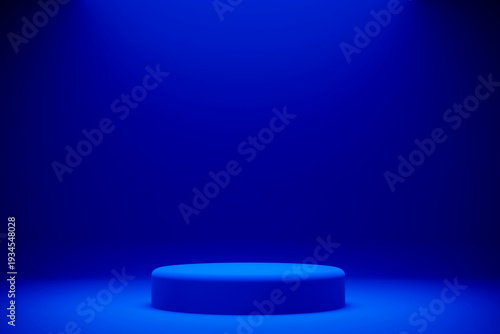 Empty blue cylindrical podium on clean infinite blue studio background