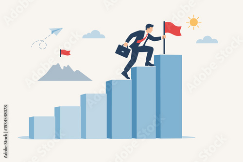Business success and career growth concept with businessman climbing bar chart stairs to reach the top holding a red flag. Illustration of achievement, ambition, progress, and goal attainment.