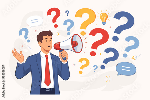 Businessman Holding Megaphone Surrounded by Colorful Question Marks, Concept of Asking Questions to Find Solutions, Problem Solving, Curiosity, Seeking Answers, and Communication in Business.