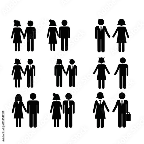 Collection of black silhouette people icons in various poses and gender symbols