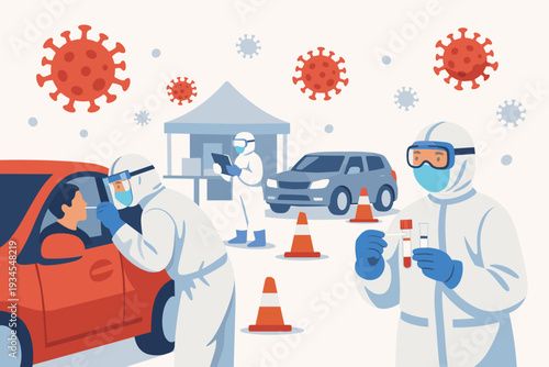 Coronavirus COVID-19 Drive-Through Testing Site Concept with Medical Workers in Full Protective Gear PPE Performing Swab Tests on People in Cars at Outdoor Station with Virus Cells Background