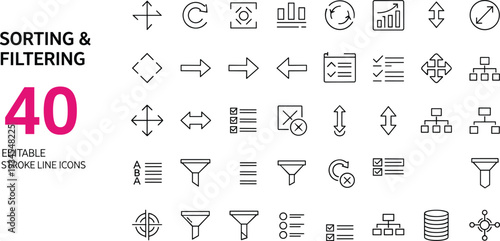 Sorting and filtering line icon set with arrows checklist funnel hierarchy and data organization editable stroke vector illustration