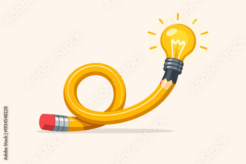 Creative Idea and Imagination Concept with a Bending Yellow Pencil and Glowing Lightbulb for Writing Skill, Learning, Education, Innovation, and Brainstorming Success in Vector Illustration