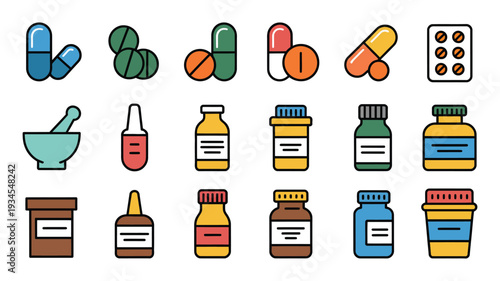 Pharmacy icons set featuring medical pills, bottles, capsules, tablets, and blister packs in flat style for drugstore, healthcare, prescription, pharmaceutical, and medicine container vector design 