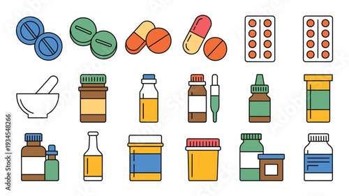 Pharmacy icons set with pills, bottles, capsules, tablets, blister packs, and medicine containers in flat vector style for drugstore, healthcare, pharmaceutical, prescription, and medical illustration