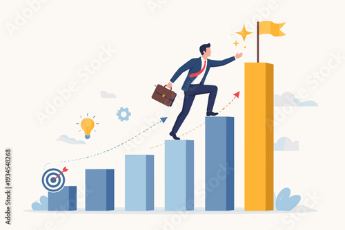 Businessman climbing up a bar chart to reach a goal flag, concept of business growth, career success, ambition, determination, progress, and achieving targets through hard work and smart strategy.