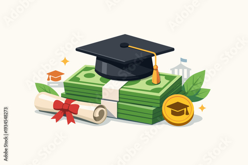Education Cost Concept with Graduation Cap on Stack of Money, Diploma Scroll, and Gold Coin. Vector Illustration of Student Loan, Tuition Fees, Academic Investment, and Financial Planning Success.