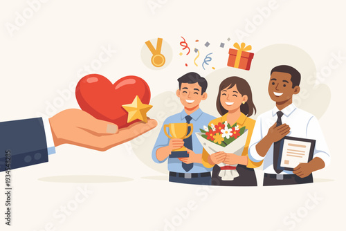 Employee Appreciation and Recognition Concept with a Large Hand Giving a Heart and Star to Happy Workers Holding a Trophy, Flowers, and Certificate for Best Performance, Success, and Achievement.