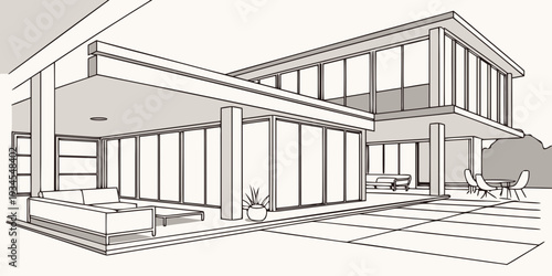 Modern house with large windows and outdoor seating area