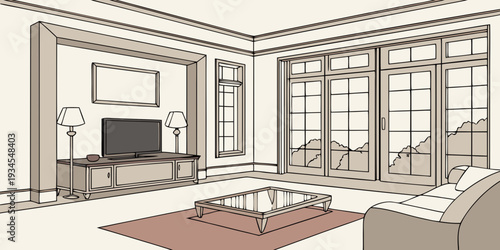 Modern living room with large windows and a fireplace for a cozy atmosphere