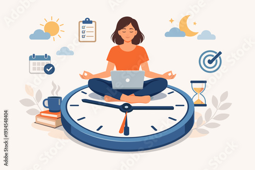 Woman Meditating on a Giant Clock Face for Work Life Balance and Flexible Working Hours Concept, Time Management, Productivity, Remote Work from Home, Focus and Wellness Vector Illustration.
