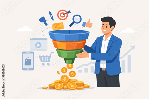 Businessman managing a digital marketing and sales funnel to increase conversion rate and profit, showing customer journey from advertising campaign to lead generation and online sales success.