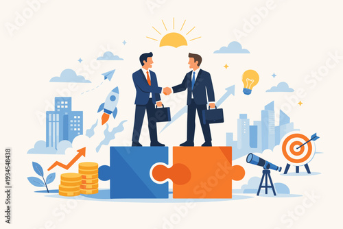 Business merger and acquisition concept with two professional businessmen shaking hands on giant puzzle pieces, representing partnership, corporate collaboration, strategic growth, and new success.