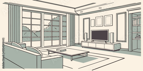 Modern living room with large windows and a fireplace, featuring a television and comfortable seating.