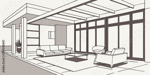 Modern living room with large windows and minimalist furniture design.