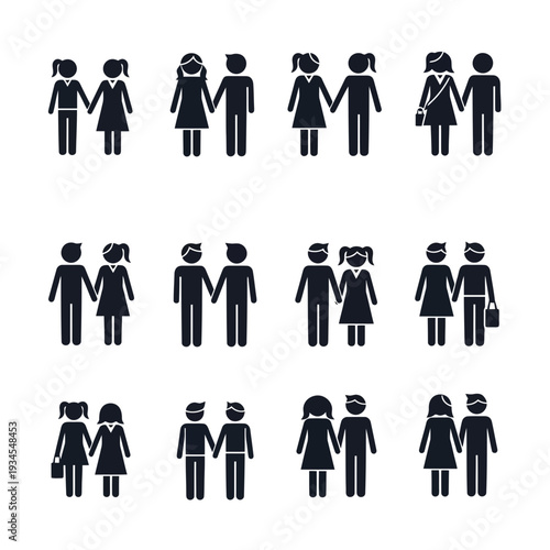 Black silhouette people icons in various poses and relationships