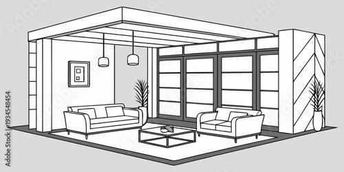 Modern living room with large windows and minimalist furniture arrangement