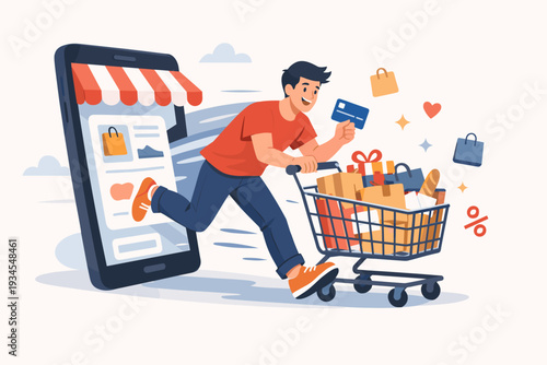 Online Shopping and Mobile Commerce Concept with Young Man Running Out of Smartphone Pushing Full Shopping Cart and Holding Credit Card for Fast Digital Purchase, E-commerce App Flat Vector Art