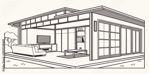 A spacious living room with large windows and a cozy fireplace.