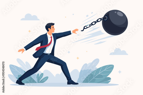 Businessman throwing a heavy iron wrecking ball with a broken chain, representing financial freedom, overcoming debt, and breaking free from professional burdens, flat vector illustration concept.