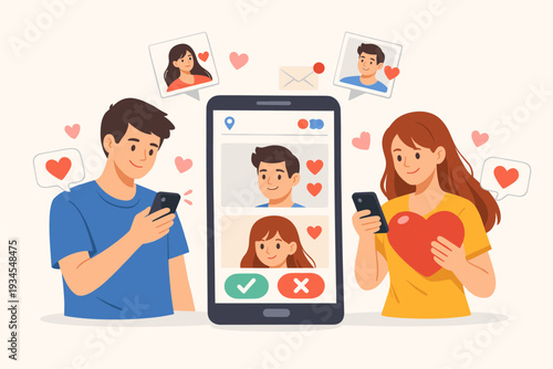 Online dating mobile application concept with a man and woman using smartphones to find a partner. Digital dating service with profile matching, hearts, and social media interaction illustration.