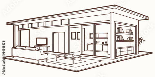 Modern living room with large windows and minimalist furniture.