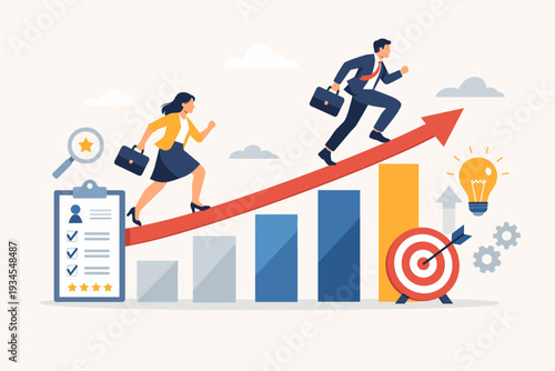 Performance management and employee rating concept with business people running up a growth arrow over bar charts, appraisal review, career development plan, and goal achievement vector icons.
