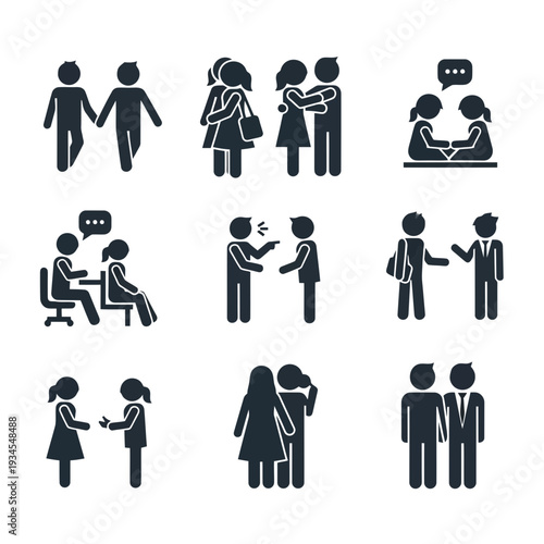A set of black silhouette icons depicting various people interactions and relationships
